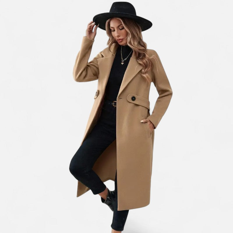 Élan Urbain™ | Manteau long élégant en tweed noir avec ceinture ajustable pour femme