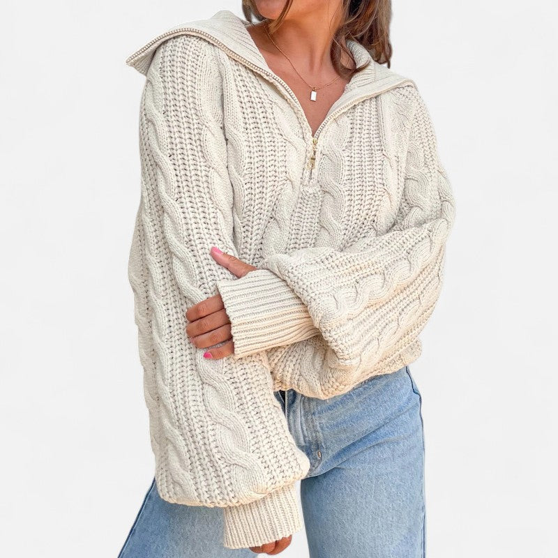 Élan Urbain™ | Pull Femme à Demi‑Fermeture en Maille Torsadée – Col Revers & Coupe Relax