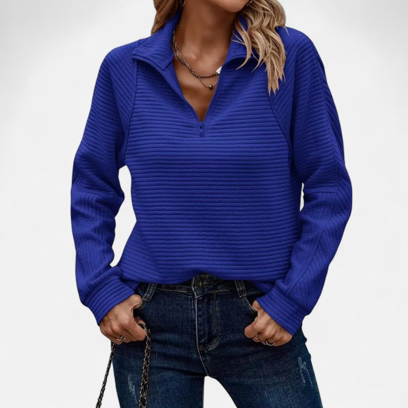 Élan Urbain™ | Pull Femme Zippé à Demi-Fermeture – Col Montant en Maille Côtelée – Coupe Décontractée