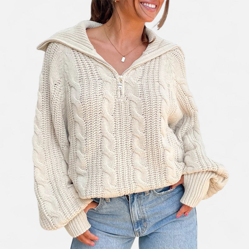 Élan Urbain™ | Pull Femme à Demi‑Fermeture en Maille Torsadée – Col Revers & Coupe Relax