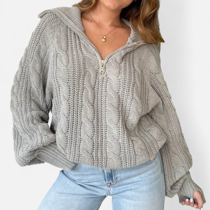 Élan Urbain™ | Pull Femme à Demi‑Fermeture en Maille Torsadée – Col Revers & Coupe Relax