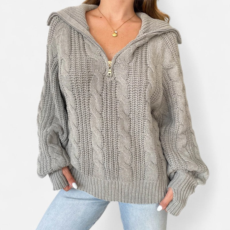 Élan Urbain™ | Pull Femme à Demi‑Fermeture en Maille Torsadée – Col Revers & Coupe Relax