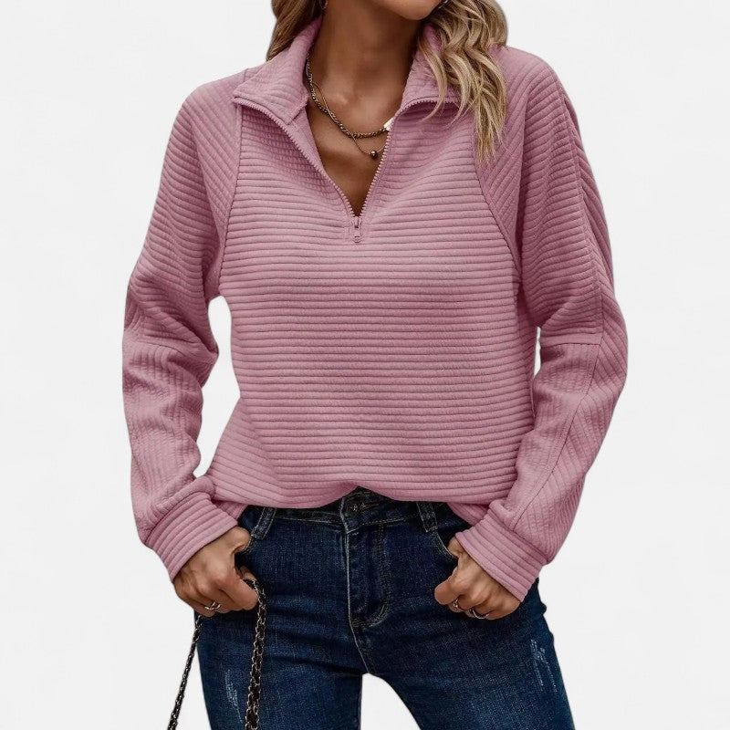 Élan Urbain™ | Pull Femme Zippé à Demi-Fermeture – Col Montant en Maille Côtelée – Coupe Décontractée