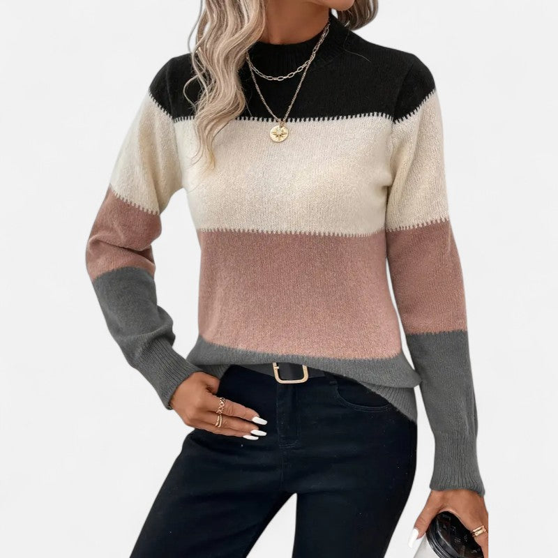 Élan Urbain™ | Pull Femme en Maille Color Block à Col Montant – Manche Longue & Coupe Confort