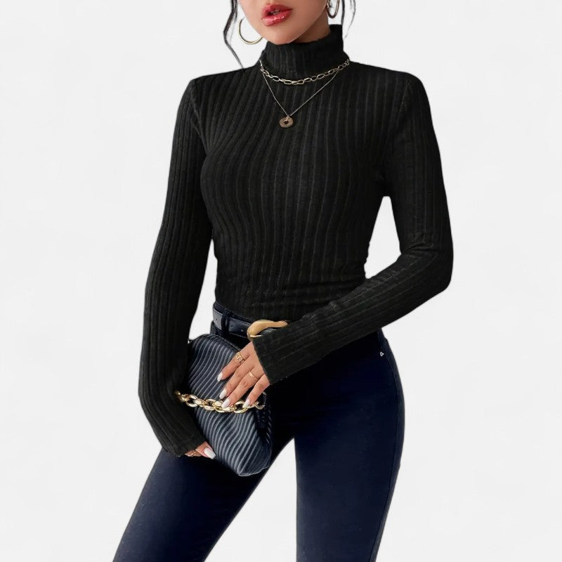 Élan Urbain™ | Haut Femme Col Montant Côtelé – Manches Longues