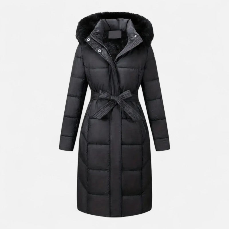 Élan Urbain™ | Manteau d'hiver mi-long pour femme avec capuche en fausse fourrure