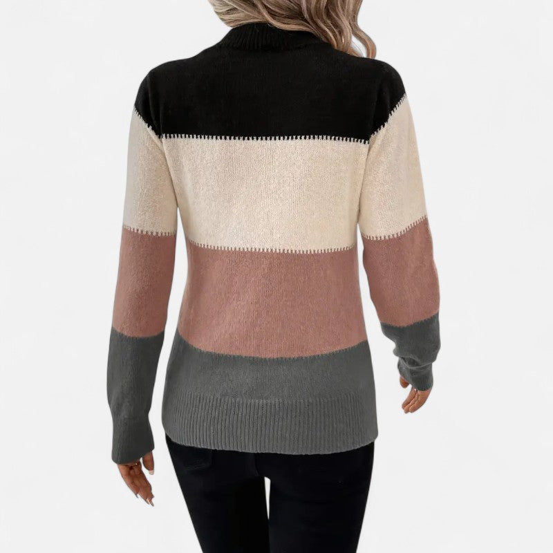 Élan Urbain™ | Pull Femme en Maille Color Block à Col Montant – Manche Longue & Coupe Confort
