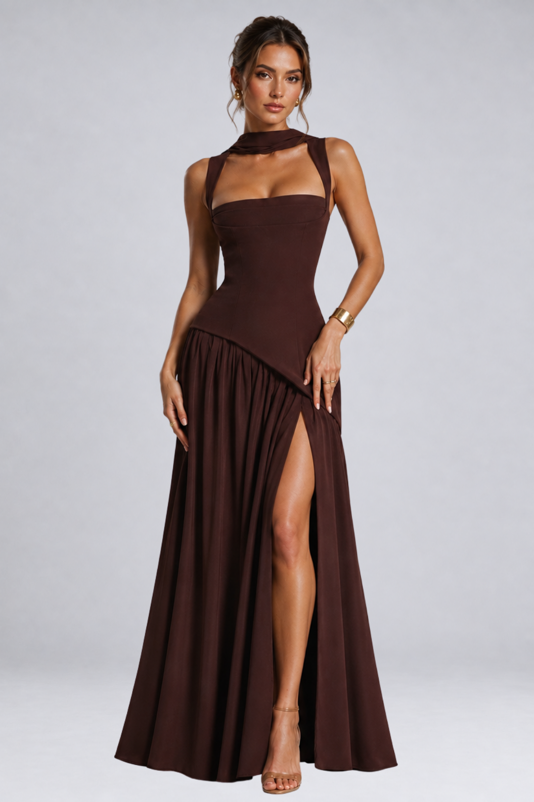 Long draped satin-effect dress for women – wedding guest outfit