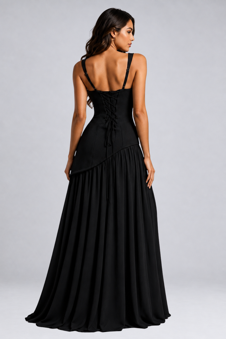 Long draped satin-effect dress for women – wedding guest outfit