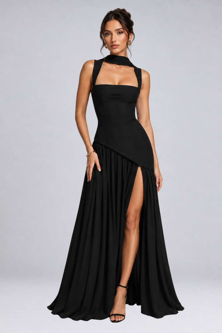 Long draped satin-effect dress for women – wedding guest outfit