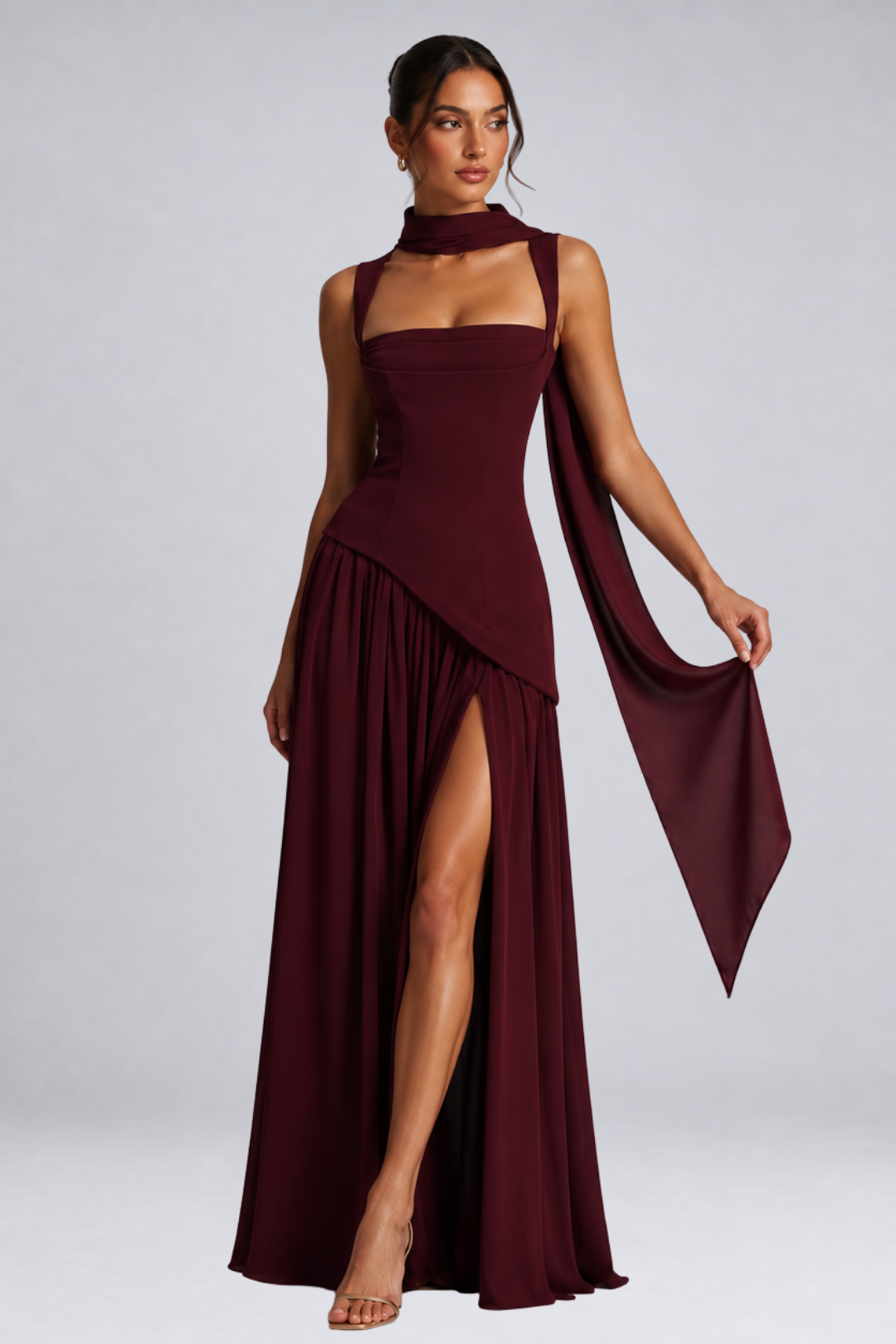 Long draped satin-effect dress for women – wedding guest outfit
