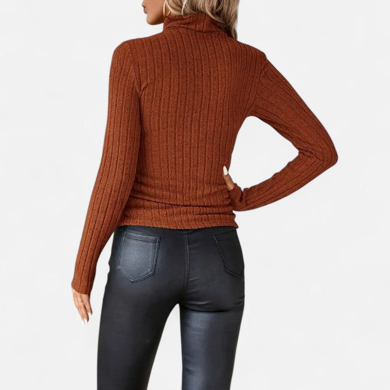 Élan Urbain™ | Haut Femme Col Montant Côtelé – Manches Longues