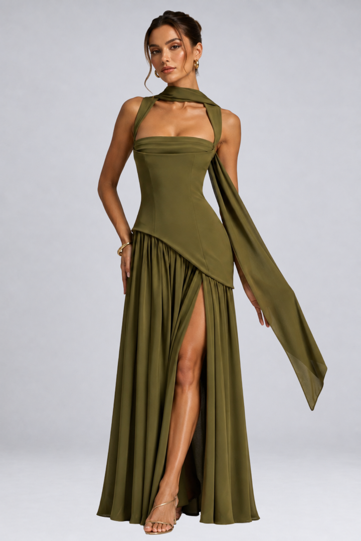 Long draped satin-effect dress for women – wedding guest outfit