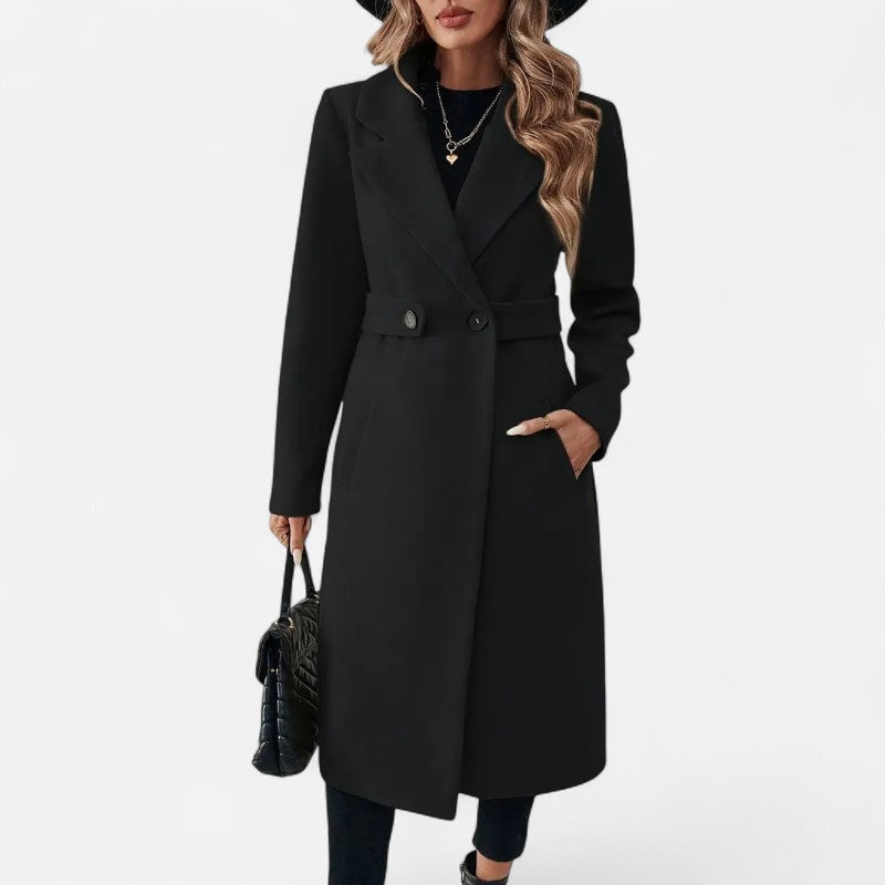 Élan Urbain™ | Manteau long élégant en tweed noir avec ceinture ajustable pour femme