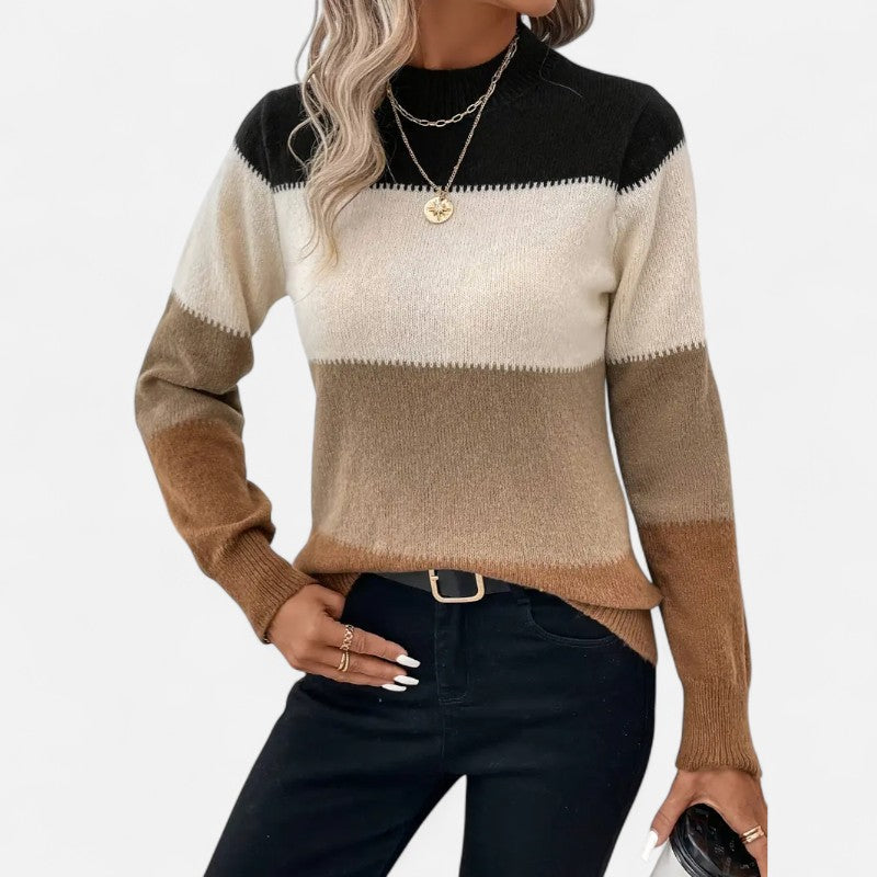 Élan Urbain™ | Pull Femme en Maille Color Block à Col Montant – Manche Longue & Coupe Confort