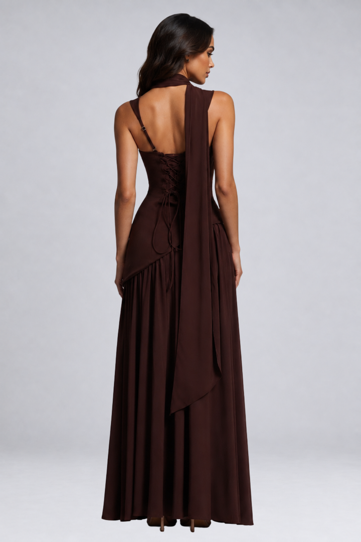 Long draped satin-effect dress for women – wedding guest outfit
