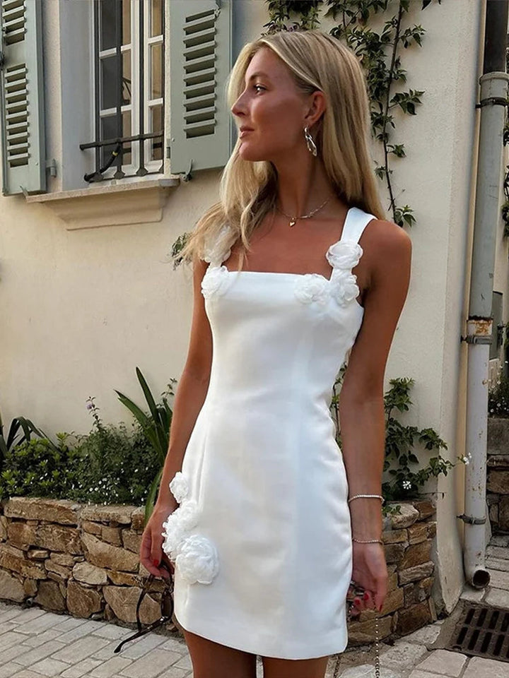 Pink Floral Appliqué Summer Cocktail Mini Dress