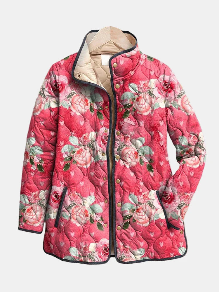 Élan Urbain™ | Charmante Veste Matelassée à Imprimé Floral Rose