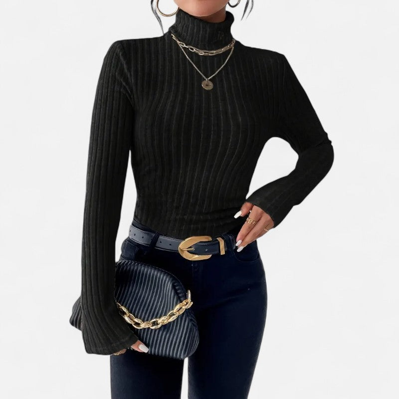 Élan Urbain™ | Haut Femme Col Montant Côtelé – Manches Longues