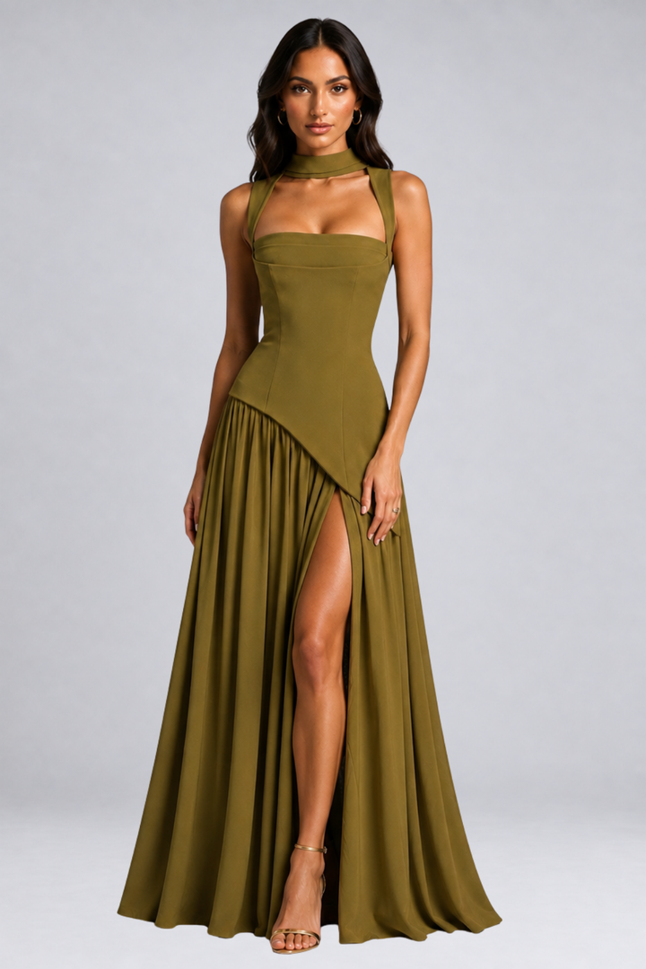 Long draped satin-effect dress for women – wedding guest outfit