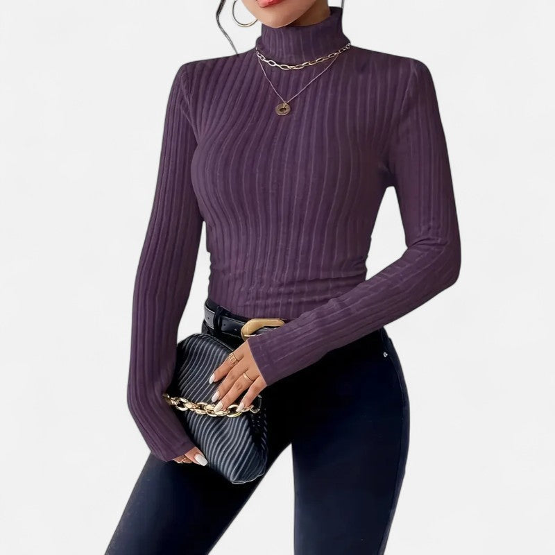 Élan Urbain™ | Haut Femme Col Montant Côtelé – Manches Longues