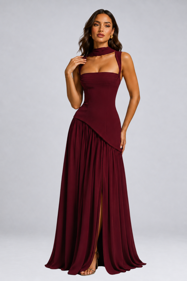 Long draped satin-effect dress for women – wedding guest outfit