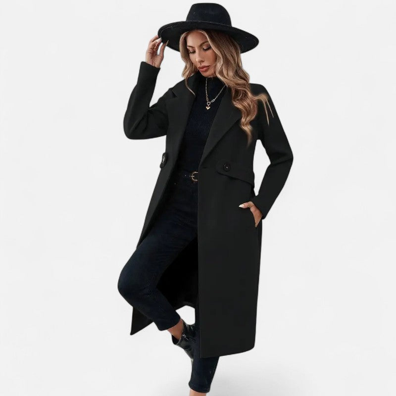 Élan Urbain™ | Manteau long élégant en tweed noir avec ceinture ajustable pour femme