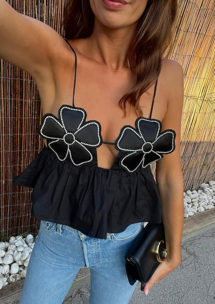 Embellished Black Flower Crop Top