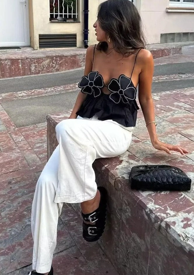 Embellished Black Flower Crop Top