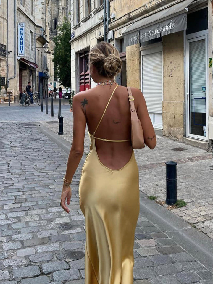 Open Back Satin Wedding Guest Maxi Dress