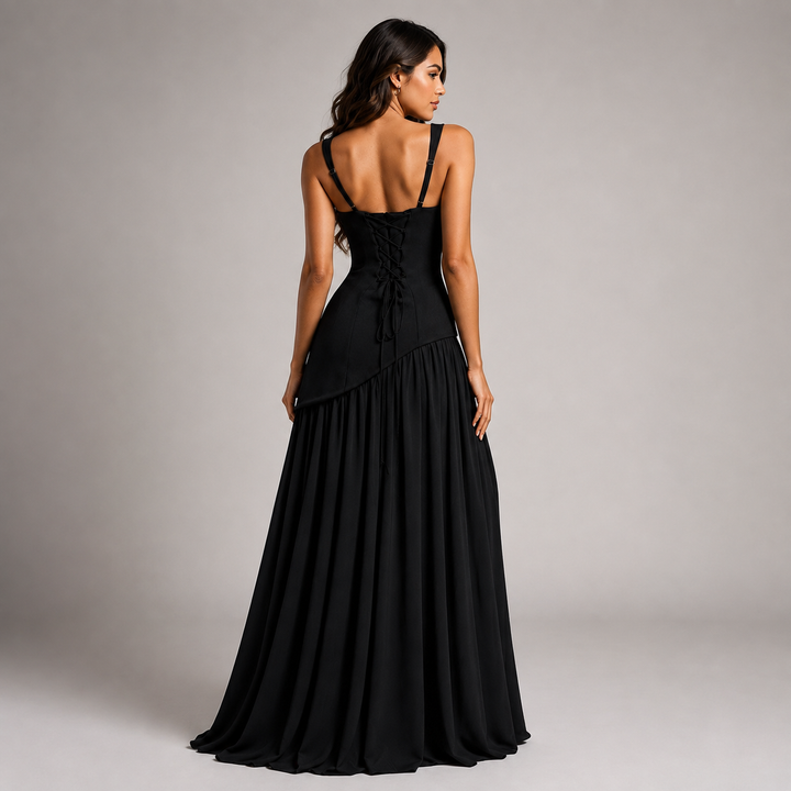 Long draped satin-effect dress for women Montarello – wedding guest outfit