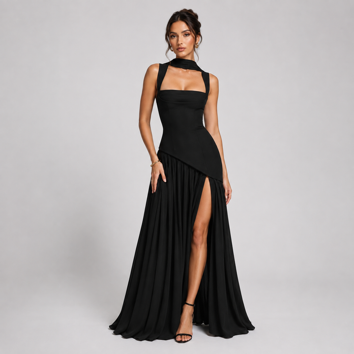 Long draped satin-effect dress for women Montarello – wedding guest outfit