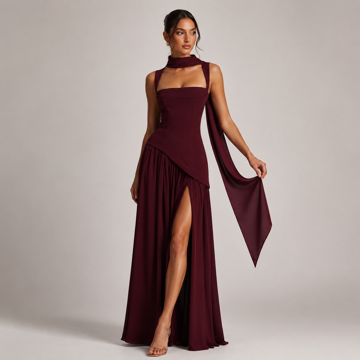 Long draped satin-effect dress for women Montarello – wedding guest outfit