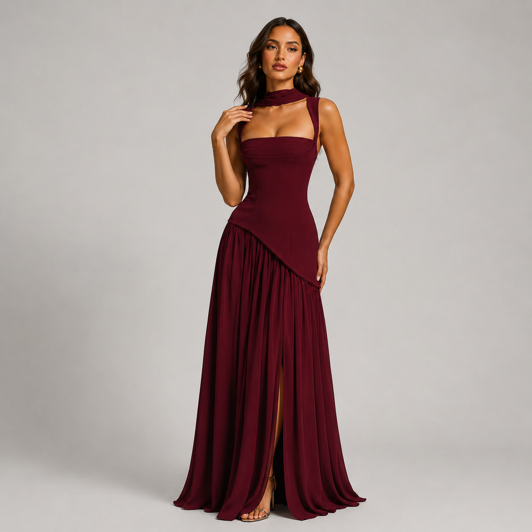 Long draped satin-effect dress for women Montarello – wedding guest outfit