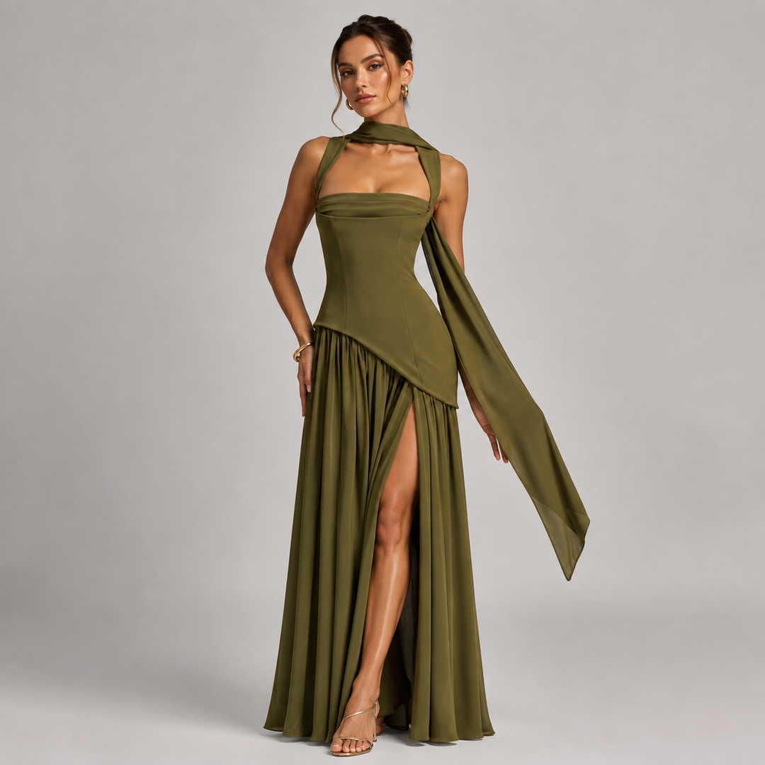 Long draped satin-effect dress for women Montarello – wedding guest outfit