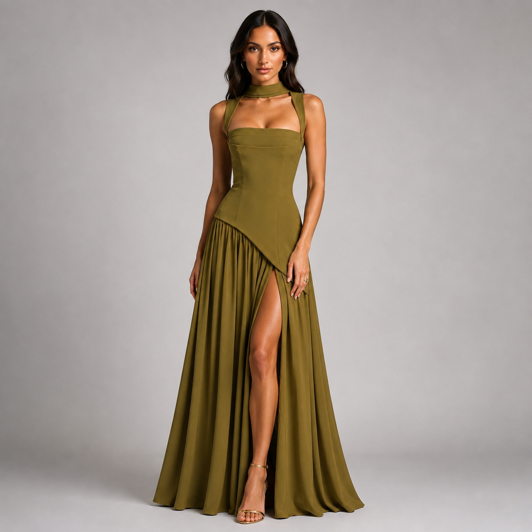 Long draped satin-effect dress for women Montarello – wedding guest outfit