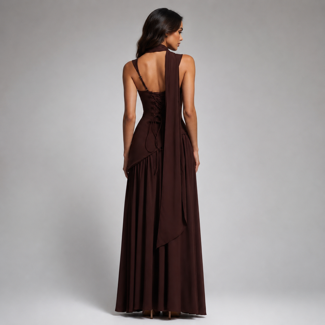 Long draped satin-effect dress for women Montarello – wedding guest outfit