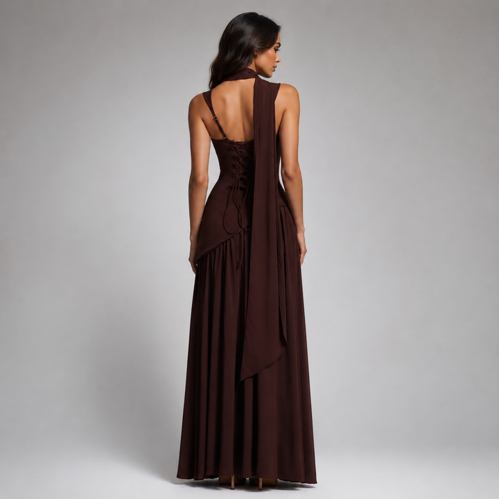 Long draped satin-effect dress for women Montarello – wedding guest outfit