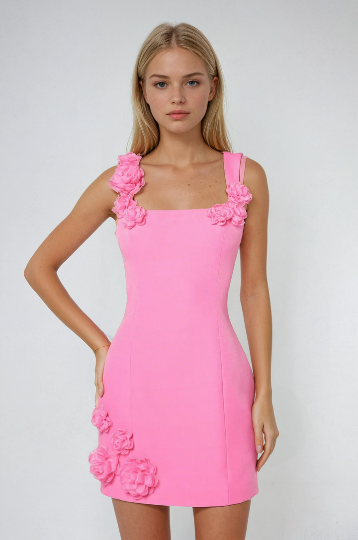 Pink Floral Appliqué Summer Cocktail Mini Dress