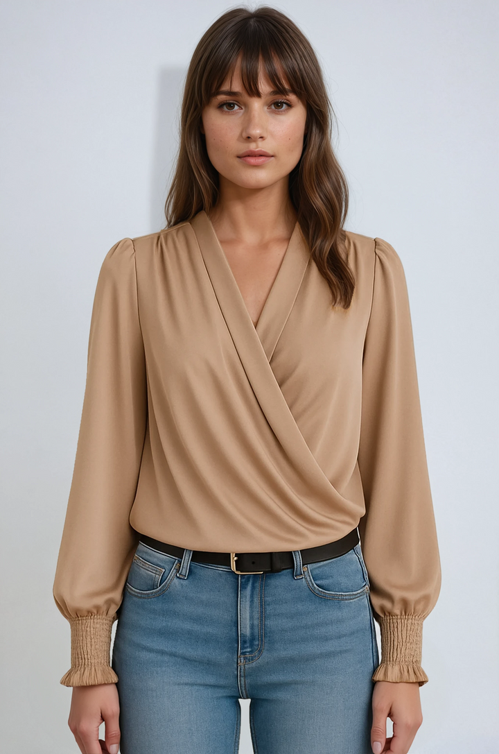 Elegant Long-Sleeve Wrap Blouse