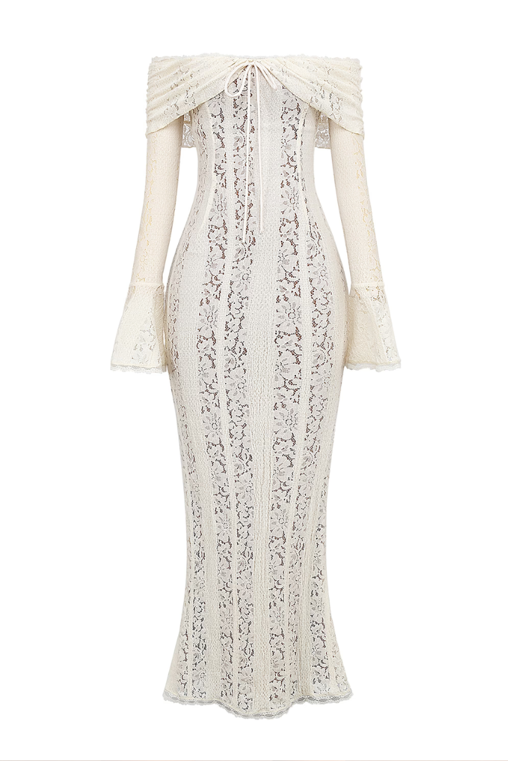 Elegant Off-Shoulder Lace Wedding Guest Maxi Dress