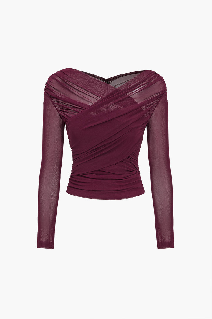 Sheer Mesh Ruched Long Sleeve Top