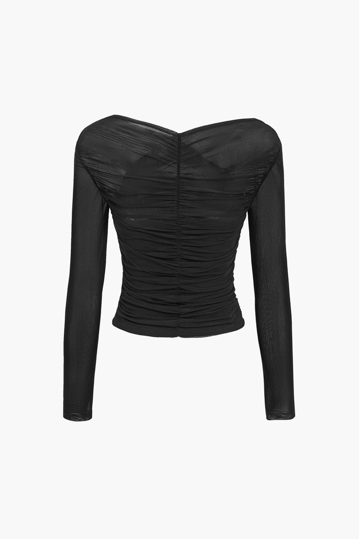 Sheer Mesh Ruched Long Sleeve Top
