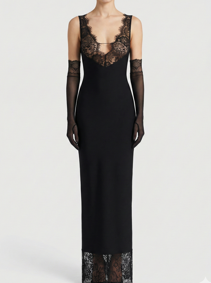 Lace Panel Maxi Dress – Elegant Evening Silhouette Dress for Women