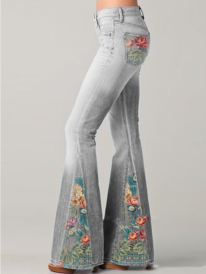 Women's Bootcut Denim Jeans with Flower Embroidered