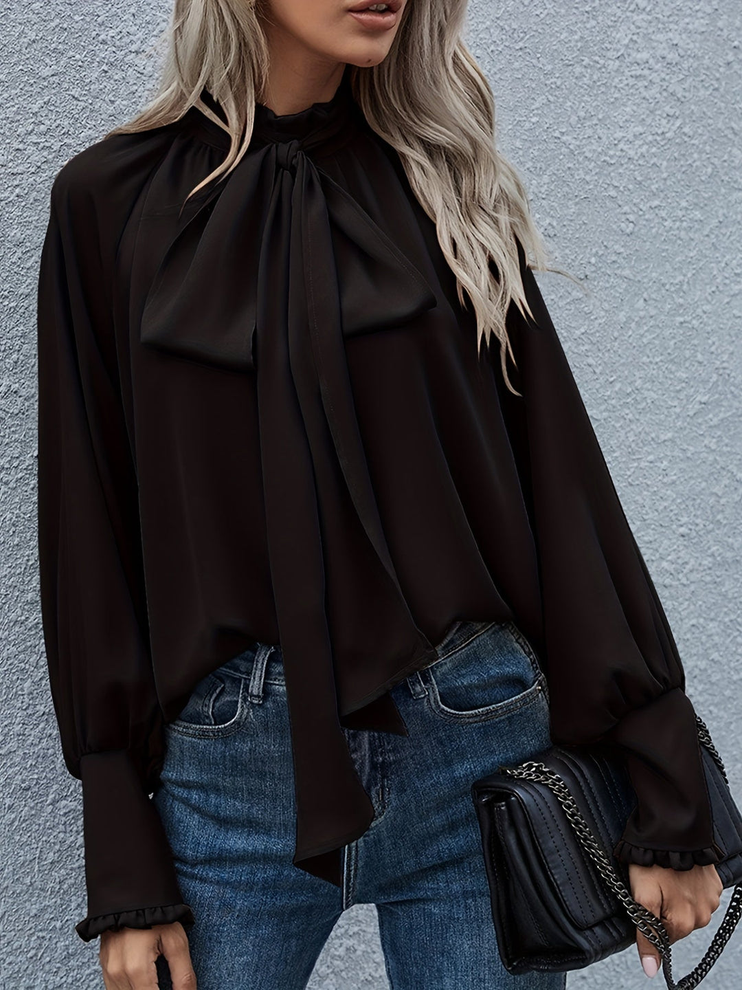 Long Sleeve Blouse with Tie Neck