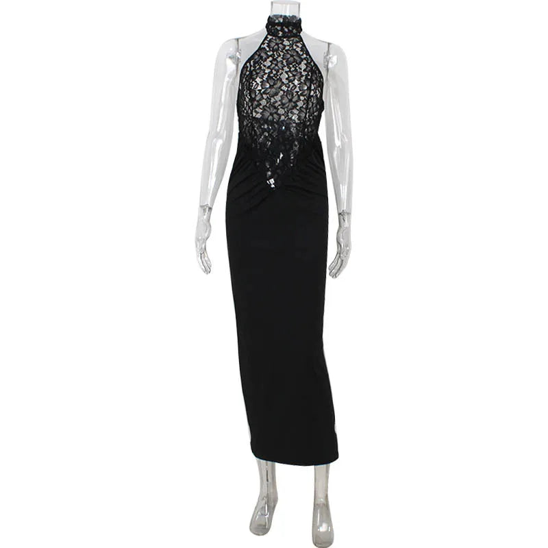 Lace Halter Maxi Dress – Sculpted Elegant Evening Dress for Women
