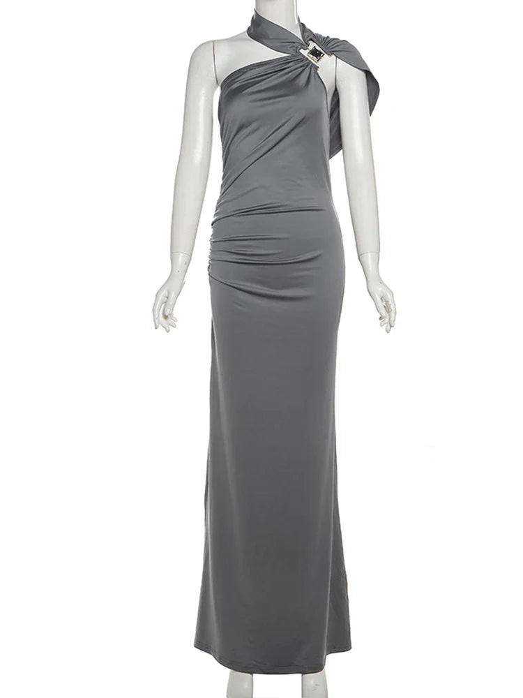 Draped One Shoulder Maxi Dress with Sculpted Silhouette