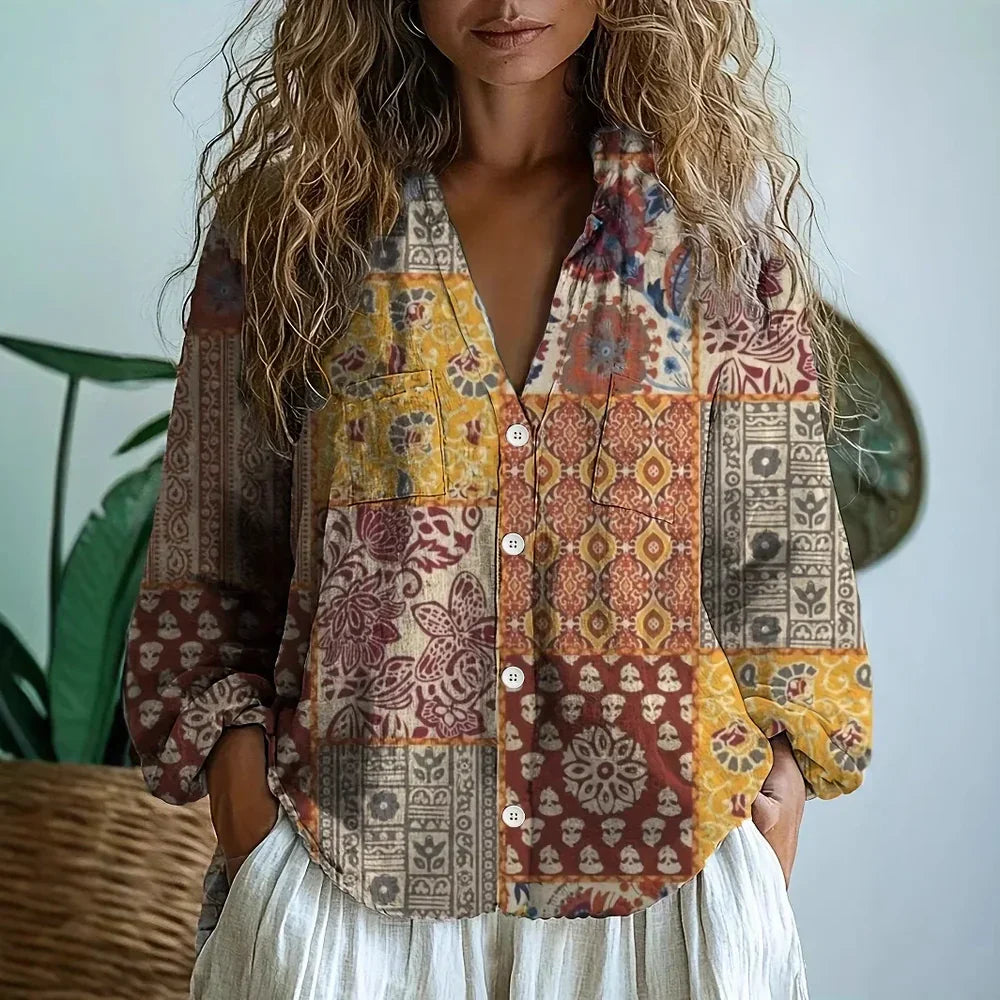 Élan Urbain™ | Blouse à Imprimé Feuilles Vintage