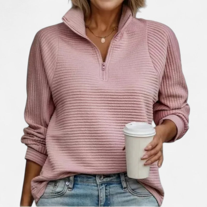 Élan Urbain™ | Pull Femme Zippé à Demi-Fermeture – Col Montant en Maille Côtelée – Coupe Décontractée